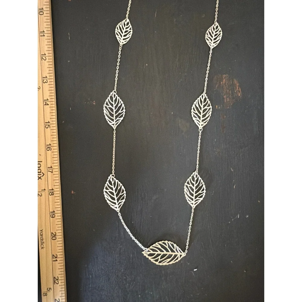 Silver Tone Filigree Leaf Long Chain Layering Necklace Layering